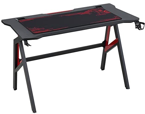 HOMCOM Bureau Gaming Bureau Gamer Bureau Informatique Bracket Casque Porte-gobelet Passe-câbles Tapis de Souris Inclus métal MDF Texture Fibre Carbone Rouge Noir