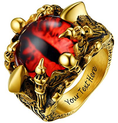 PROSTEEL Herren Roter Böser Blick personalisiert Ring 18k vergoldet Größe 62 Gotik Dämon Schädel Siegelring Todeskralle Statement Ring Punk Stil Finger Ring Modeschmuck Accessoire