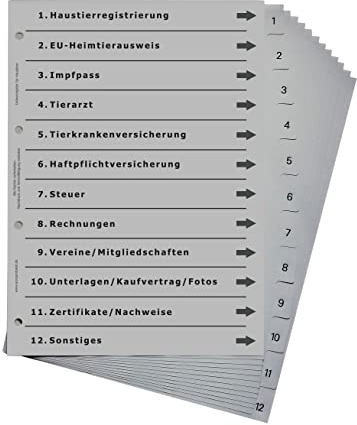 Ordnerregister für Haustiere, durchdachtes Register für DIN A4 Ordner, Tierordner für Hund, Katze und Pferd, lichtgrau