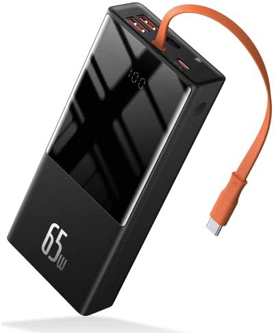 Baseus Batterie Externe 65 W pour Ordinateur Portable, 20 000 mAh, USB C, câble USB-C intégré, Batterie Externe QC 3.0 avec 4 Sorties pour Lenovo, HP, Dell, MacBook Pro, iPhone, Samsung