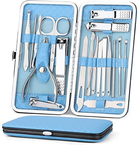 Coolzon Set de Manicura y Pedicura, Kit Manicura de 19 Piezas, Set Manicura, Damas y Hombres, Conjunto Completo con Todo Para el Cuidado de Manos y Pies, Clip de Uñas de Acero Inoxidable,Azul