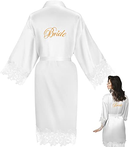 Jadive Robe de mariée avec bordure en dentelle brodée - Robe courte blanche en satin soyeux pour femme - Kimono grande taille