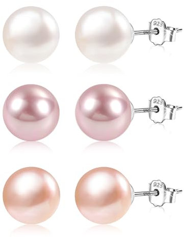 3 Pairs Pearl Earrings, 925 Sterling Silver Pearl Stud Earrings for Women Girls, Freshwater Cultured Pearl Studs With Hypoallergenic Sterling Sliver Butterfly Earring Backs (White/Pink/Purple)