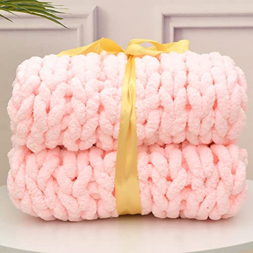 MHUQIA Chenille Plaid Tricot Grosse Maille 120x180cm, Couverture De Canapé en Laine Grosse Maille TisséE à La Main, Rose