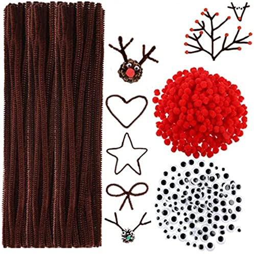 Cheeroyal 400St Weihnachten Rentier DIY Bastel-Set, bestehend aus 100St braunen Pfeifenreiniger Chenille, 150St Augen, 150St roten Pompon Pompon rote Nase Basteln