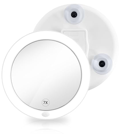 EMKE Kosmetikspiegel mit Beleuchtung 7fach, 165mm rund LED Vergrößerungsspiegel mit saugnapf, ohne Bohren Tragbarer Schminkspiegel Wandspiegel batteriebetrieben