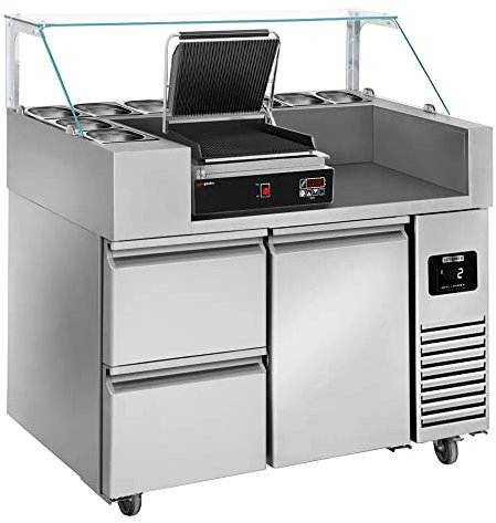 GGM Gastro | ZBF127DN#DKGJ322#SBF | Zubereitungstisch - 1210mm - 1 Tür & 2 Schubladen - für 9x GN 1/6 - inkl. Digitalem Kontaktgrill