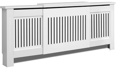 Radiator Cover White, Adjustable Radiator Cover, Modern White Painted MDF Wood Radiator Heating Cover Vertical Slat Cabinet Shelf Living Room Furniture (W 140-204 x H 83.5 x D 19 cm)