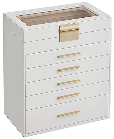 SONGMICS Schmuckkästchen mit Glasdeckel, Schmuckorganizer mit 6 Ebenen, 5 Laden, für Sonnenbrille, großen Schmuck, Schmuckaufbewahrung, moderner Stil, Farbe Wolkenweiß und Gold, UJBC171W01