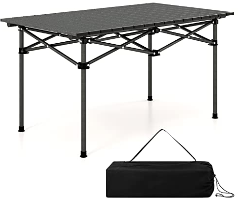 COSTWAY Aluminum Folding Camping Table, Roll Up Portable Picnic Table with Carrying Bag for 4-6 People, Steel Frame Fold up Dining Desk for Hiking Fishing BBQ (without Mesh Basket, Black)