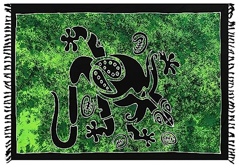 SAIVONA Pareo Sarong Strandtuch Damen-Wickelrock Strand-Handtuch Wickeltuch oder Handtuchkleid und Wickelkleid Damen-Handarbeit aus Fair Trade Herstellung Batik Gecko Grün Schwarz