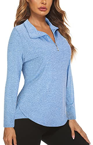 Gemulate Womens Plain Polo Shirts, Collared V Neck T Shirts Long Sleeve Yoga Golf Clothing 1/4 Zip up Sports Tops Women Blue Large