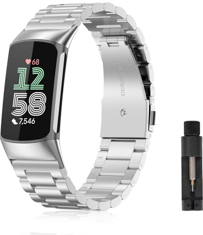 Niboow Armband Kompatibel mit Fitbit Charge 6/Charge 5, Männer und Frauen Edelstahl Metall Uhrenarmband, Atmungsaktiv Ersatzband Armbänder Kompatibel mit Fitbit Charge 6/Charge 5 - Silber