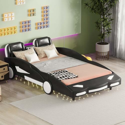 KOMHTOM Kinderbett, Auto mit Lattenrost, gepolstertes Bett mit Kopfteil, Bettgestell, Plattform, für Kinder, Jugendliche (ohne Matratze) (Schwarz, 140 x 200 cm)