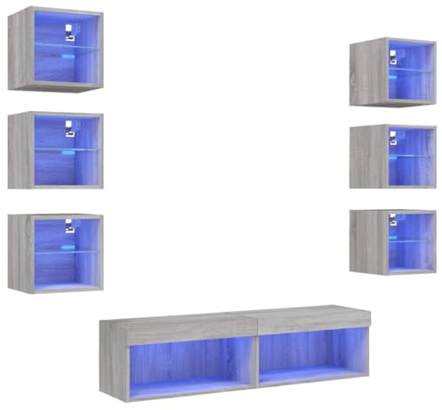 vidaXL Wohnwand 8-TLG., Schrankwand mit viel Stauraum, Anbauwand mit LED-Beleuchtung, Wandmontage Fernsehschrank Wohnzimmer Set, Grau Sonoma Holzwerkstoff