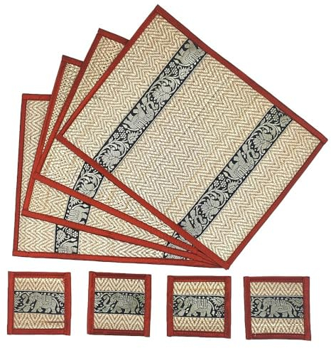 Thai Tisch-Set Untersetzer Platz-Set 8-teilig aus Bast mit Elefantenmuster für Esstischdekoration, handgewebt in Thailand (Rot)