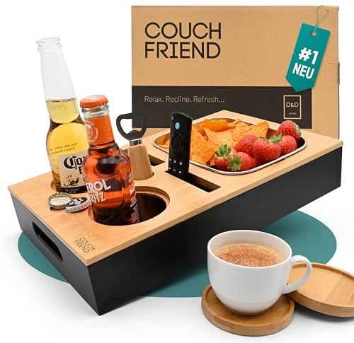 D&D Living® Couchbar Snackbox | Bambus Sofa Butler als Snackbar und Couch Organizer mit XL Schale | Getränkehalter Couch Console mit Flaschenöffner