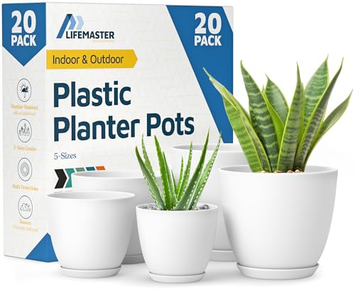 Lifemaster Umweltfreundliches Blumentopf-Set – 20 Stück, Heimdekor, Blumentöpfe für drinnen und draußen, Kunststofftöpfe mit Drainagelöchern, Verschiedene Größen (17,8 cm, 16,8 cm, 15,2 cm, 13,5 cm,
