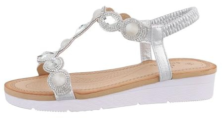 Ital Design Damen Sandalen mit Keilabsatz, runde Spitze, Silber, Gr. 37