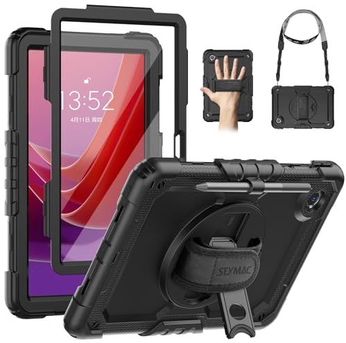 SEYMAC Custodia per Lenovo Tab M11 2024 (TB-330FU/TB-331FC), Custodia Antiurto per Lenovo Tab M11 con Pellicola Protettiva, Supporto Girevole a 360° e Cinghia da Mano, Tracolla, Portapenne, Nero