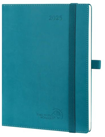 POPRUN Terminplaner 2025, A5, Wochenansicht (22 x 16,5 cm), PU-Leder, weicher Einband, vertikaler Wochen-Terminplaner, 25 Arbeitsplaner, monatliche Registerkarten, 100 g/m² Papier (Pazifikgrün)