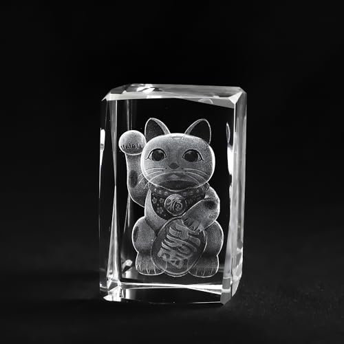 ZEERSHEE Presse-papier Maneki Neko en cristal gravé en 3D en verre - Figurine de chat porte-bonheur pour la maison - Presse-papier - Cadeau pour femme, maman, amoureux des chats