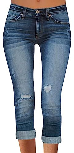 3/4 Jeans Damen Stretch Kurze Jeanshose Slim Fit Denim Hose Sommer Caprihose Jeansshorts mit Löchern Zerrissene Sommerjeans Leggings Sommerhose Dreiviertel Jeansleggings