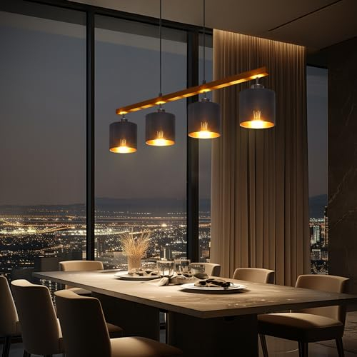 Pendelleuchte Schwarz 4-Flammig Hängelampe Esstisch, Hängeleuchte Pendellampe Esstischlampe Modern m. Holzoptik Balken& Stoffschirm, Metall Schwarz Matt,Max.60W 4 x E27(ohne Leuchtmittel)