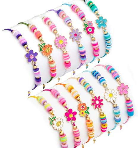 Toyssa 12 Pièces Bracelet Enfant Fille, Bracelet Amitié Pinata Anniversaire Fille Tissé Réglable Partie Fournitures Petit Cadeau Anniversaire Enfant Adolescente Femme (Fleur)