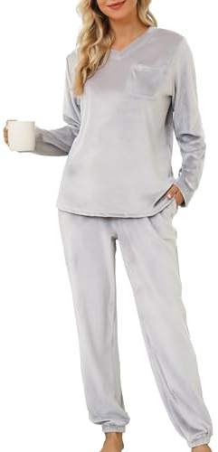 Lovasy Pigiama Donna in Pile Invernale Caldo Morbido e Confortevole | Pigiama a Maniche Lunghe con Scollo a V Set Pigiami Due Pezzi Leggero con Tasche