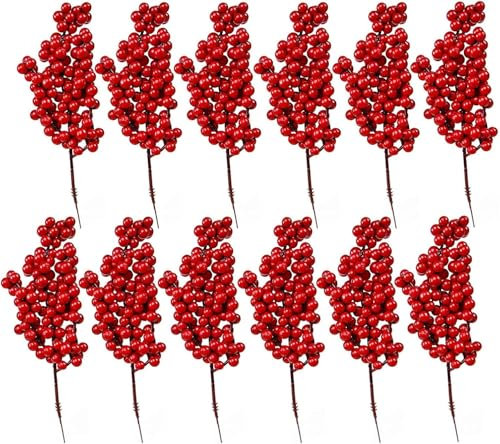 DEEMEIS Christmas Red Berry Twig Stem, 12 Pack Artificial Burgundy Berry Picks for Christmas Tree Decorations, Crafts, Valentines, Wedding, Holiday Home Decor (Red)