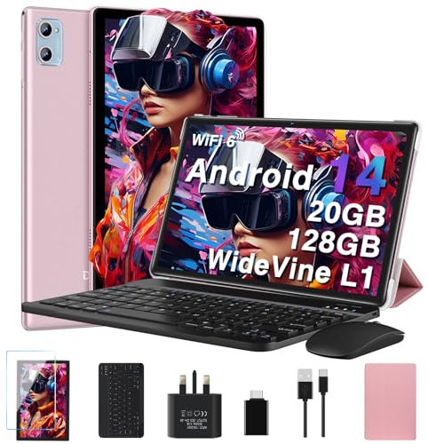 2025 Newest Tablet 10 Inch Android 14, 20GB RAM+128GB ROM (TF 2TB), Octa Core, WiFi 6 | Widevine L1 | 6000mAh | Bluetooth 5.0 | GMS | Type-C | 5+8MP| Widgets| Tablet with Keyboard & Mouse - Rose Gold