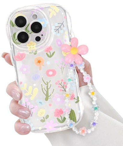 Newseego Clear Phone Case for iPhone 16 Pro, Aesthetic Cute Flower Pattern with Floral Chain for Girls Women Soft Flexible TPU Wave Frame Shockproof Camera Protection Cover for iPhone 16 Pro