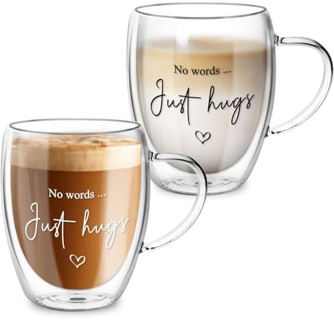 Double Walled Glass Coffee Cups - Thinking of You Gift, Sympathy & Bereavement Gifts - 350ml Insulated Latte Glasses with Handles, Heat Resistant, Set of 2