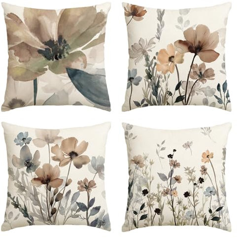 Artoid Mode Wilde Blumen Blätter Geometrische Muster Frühling Kissenbezüge 4er Set, 50x50 cm Saisonnal Zierkissenbezug Couch Wohnzimmer Deko