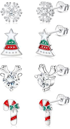 Diamday 4Paar Silber 925 Ohrringe Weihnachten Damen Mädchen Weihnachtsohrringe Kinder Silber Ohrstecker Weihnachten Set Schneeflocken Weihnachtsbaum Ohrringe Hypoallergen Schmuck Weihnachten Geschenke