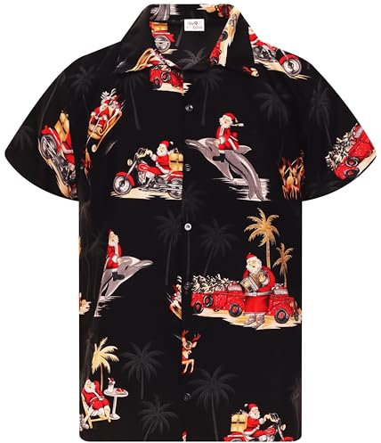 King Kameha Funky-Hawaii-Hemd, Weihnachten, Herren, Kurzarm, Christmas-Dolphin-Santa, Schwarz, 3XL