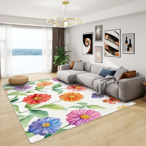 Generisch Blumen Teppich Kinder - Teppich Wohnzimmer Schlafzimmer Kinderzimmer Blumen, Kleiner Teppich Frühling Bunte, Weich Kurzflor & Waschbar & rutschfest Fussmatte Innen, Kinderteppich 80x150 cm