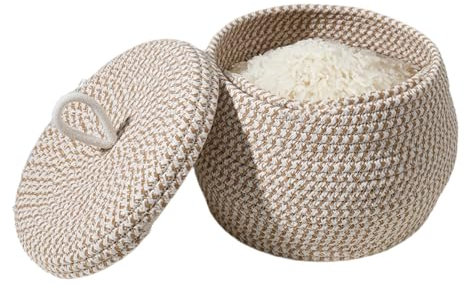 Boho Corbeille en corde de coton tressée, boîte décorative avec couvercle, panier tressé avec couvercle, panier de rangement rond en corde de coton tissé avec couvercle, petit panier de rangement en