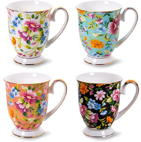 MIATTCLD Porcelain Coffee Mug Set of 4-11oz/312ml Tea Latte Cappuccino Hot Chocolate Cups - New Bone China Mugs - Ideal Christmas Valentines Mothers Day Gift (Multi-Coloured)
