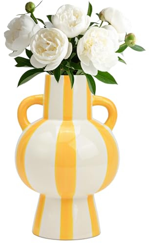 matches21 HOME & HOBBY Blumenvase bunt gestreift, gelb weiß in Ø 15 x 24 cm - Moderne Keramik Vase als Wohnzimmerdeko