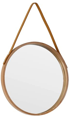Wartter Miroir rond naturel à suspendre, miroir de ferme de 30 cm avec corde de suspension en cuir pour salle de bain, chambre à coucher, salon, entrée, décoration d'intérieur (naturel, taille S : 30