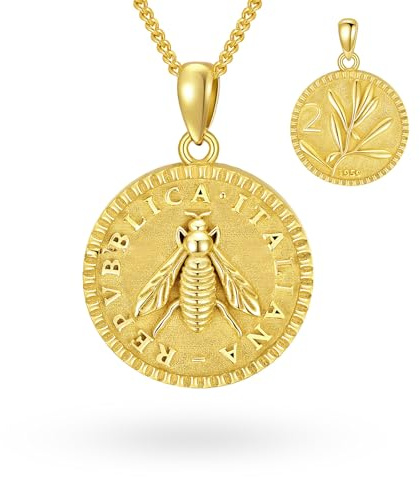 ORIDIO 925 Sterling Silber 2 Lira Italienische Bienenmünz-Halskette für Damen, 18 Karat Vergoldete Lira-Halskette, Geschenk für Frau, Mutter, Oma