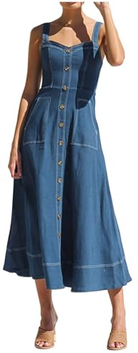 Damen Jeanskleid a Linie Lang Trägerkleid Casual Ladies Denim Dungarees Dress Rock Split Knopf up Sommerkleid Verstellbar Träger Loose Fit Freizeitkleid Mit Taschen