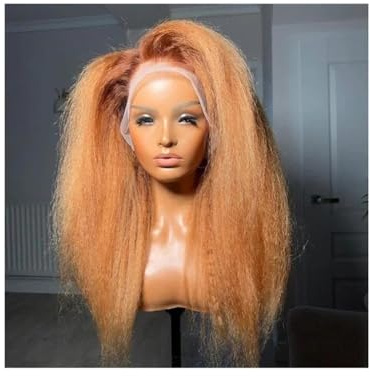 Körperpflege Ombre Braun Blonde Kinky Straight Lace Front Perücken for schwarze Frauen, vorgezupfte hitzebeständige Lace Front Yaki Perücke 180 Dichte Haarverlängerungen(26inch)