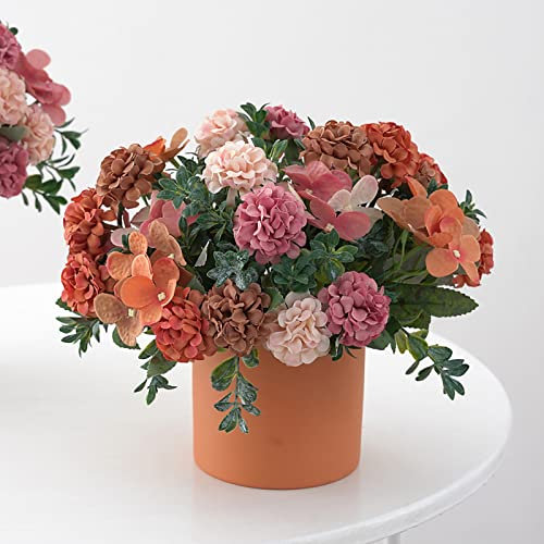 Bouquet decorativo in seta con 16 teste di ortensie artificiali, piante di fiori finti (arancione, taglia unica)