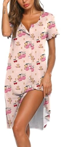 Ekouaer Sleepshirts Women Nightdress Short Sleeve Nightshirt Button Down Nightgown Sleepdress Summer, Teddy Bear X-Large