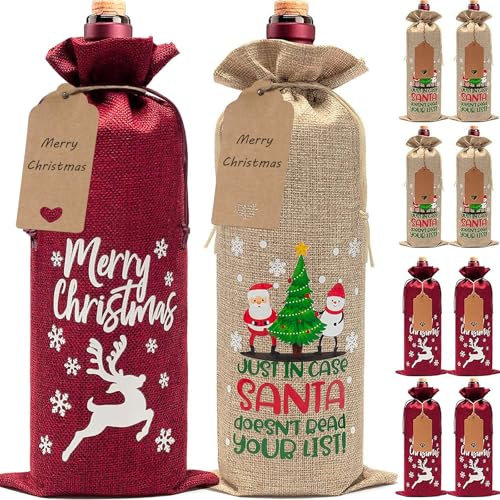 Vookkp 12 Stück Flaschentüten Weihnachten Weinflaschen Verpackung Flaschen Geschenktüten mit Anhänger und Seilen