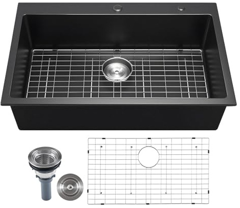 VEVOR Fregadero de Granito Doméstico 838 x 559 x 222 mm a Montaje en Superficie, Fregadero Empotrado de Estilo Rústico con Accesorios, para Autocaravanas, Cocinas de Preparación y Bares, Negro