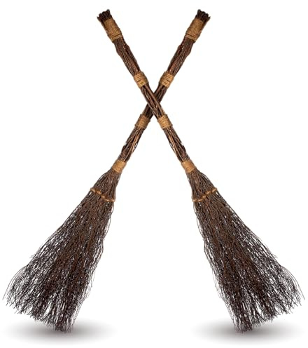Cinnamon Twig Brooms 36in (2 Pack) - Rustic Fall Broom Decor – for Halloween Porch or Entryway - Real Stick Witch Broom Decorations Wrapped in Jute Rope - Autumn Thanksgiving Display